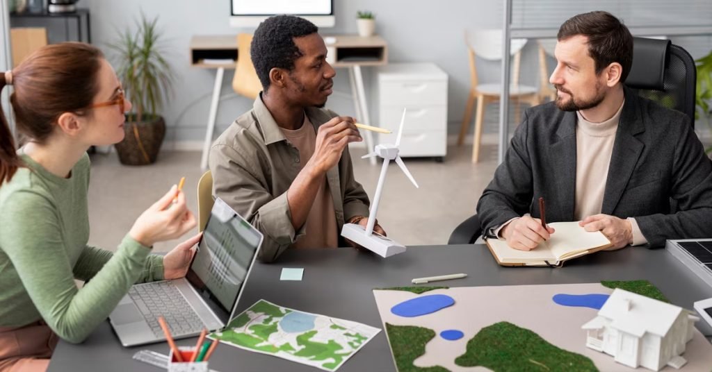 a group of people sitting at a table and discussing the model