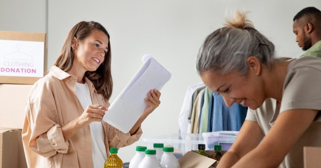 a woman looking at a clipboard