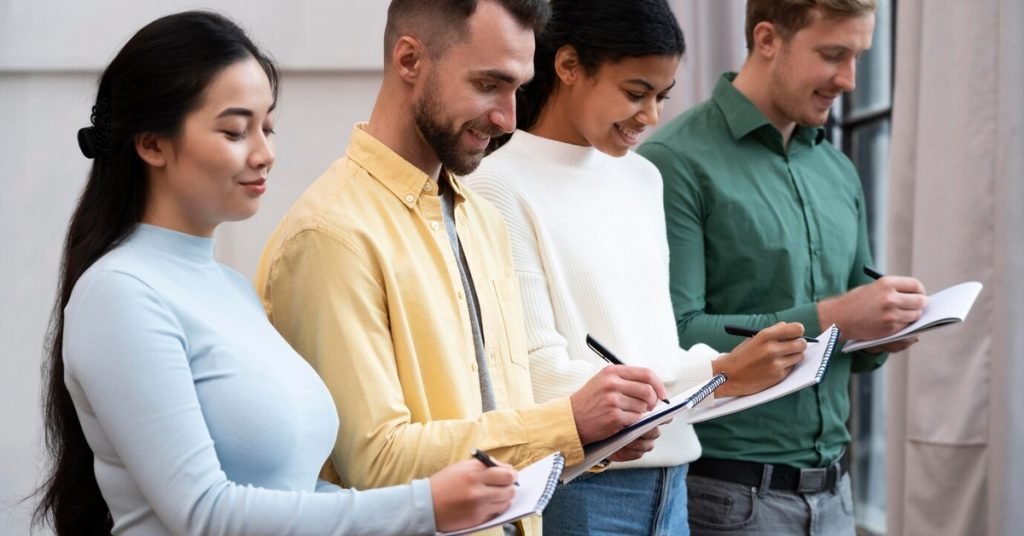 a group of people standing next to each other holding notepads