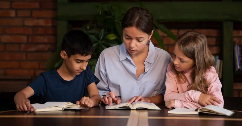 a woman and children reading a book