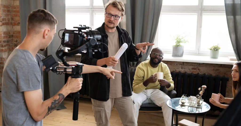 a group of people filming a video