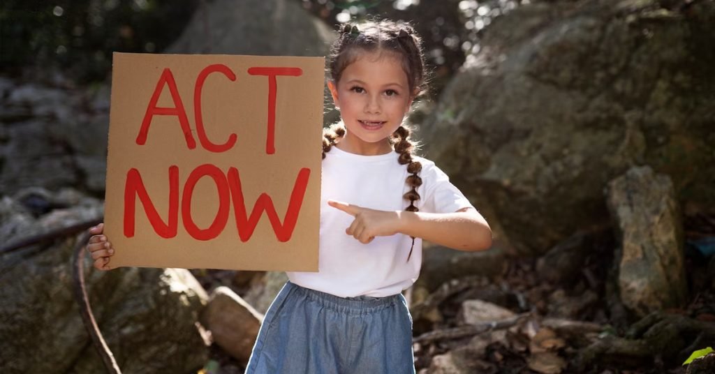 a girl holding a sign written "ACT NOW"