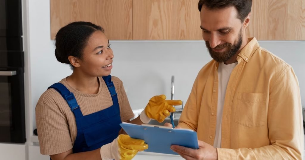 a men and a women looking at the clipboard