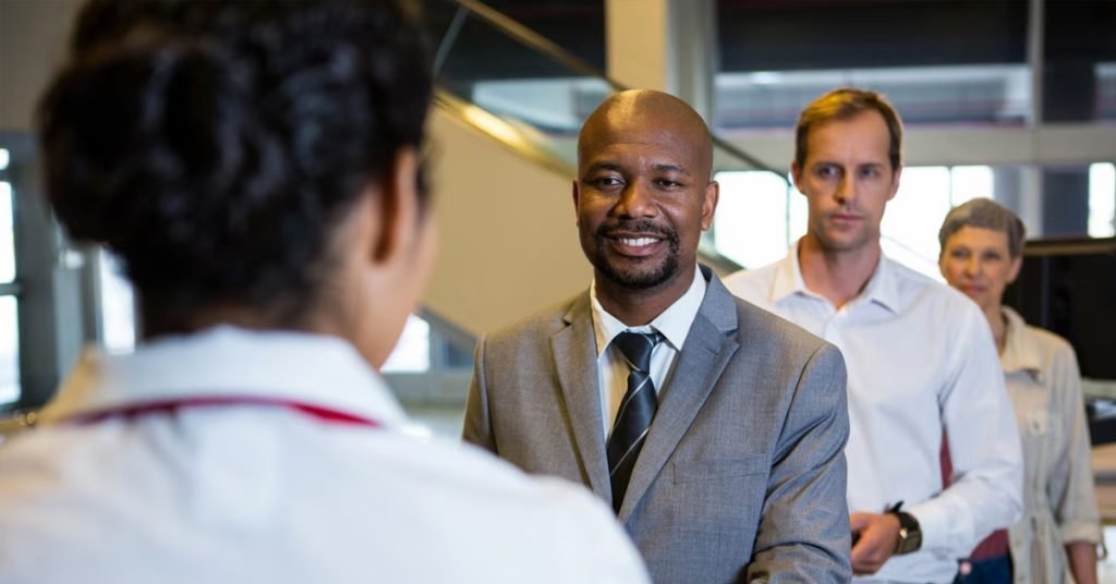 a man in a suit and tie talking to a woman