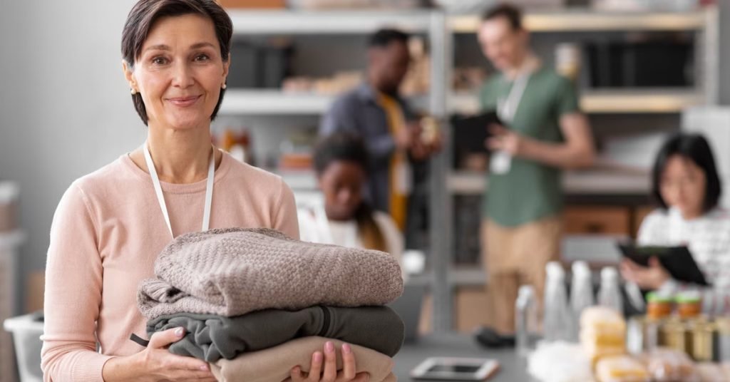 a woman holding a pile of clothes