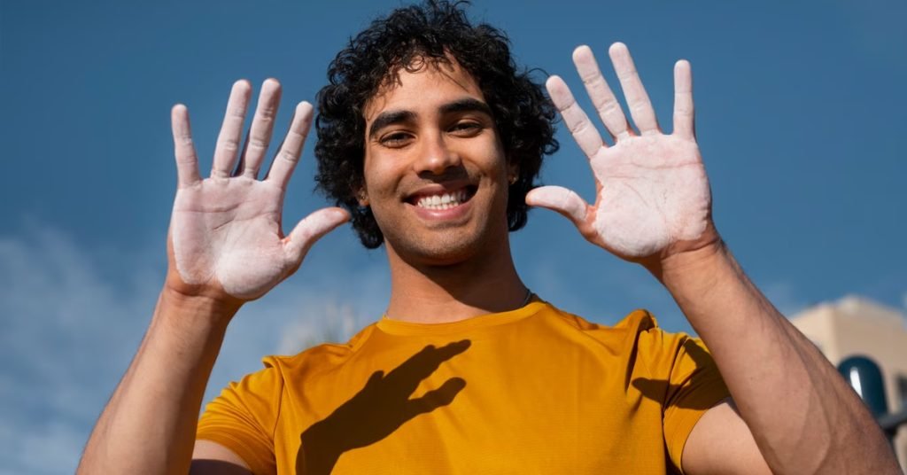 a man with his powdered hands up