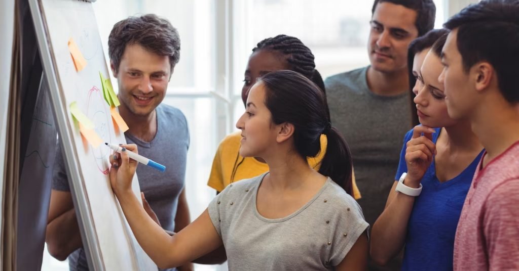 a group of people standing around a whiteboard