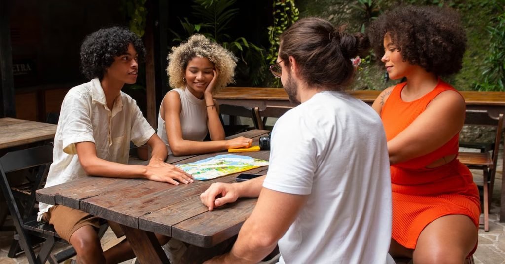 a group of people sitting at a table