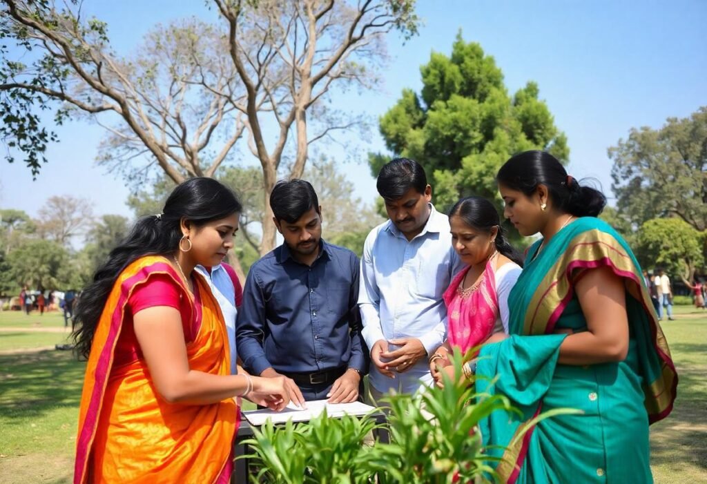 group of social workers in a garden