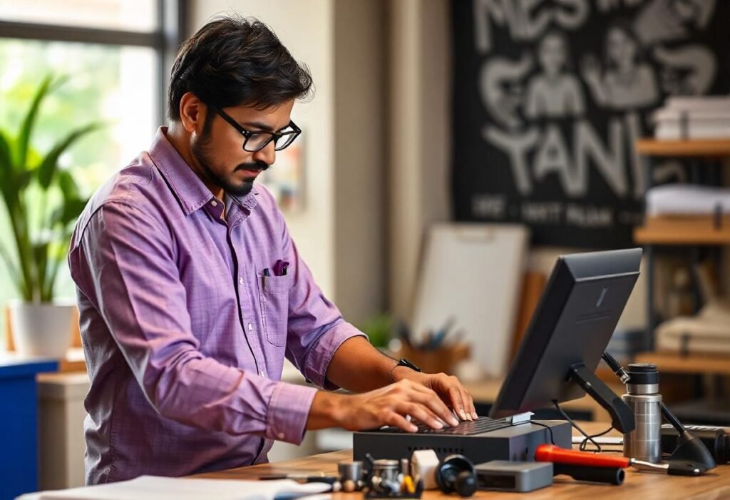 a person looking at his computer and making presentation