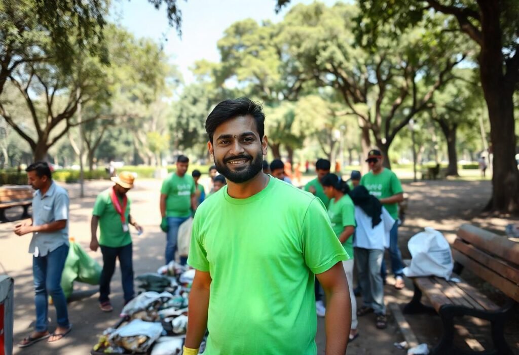 a man in green t-shirt doing social work