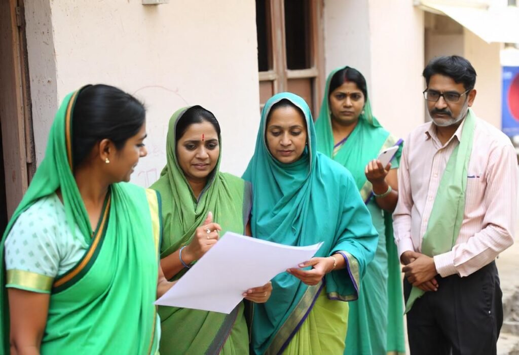 Group of social workers standing along, looking at the papers 