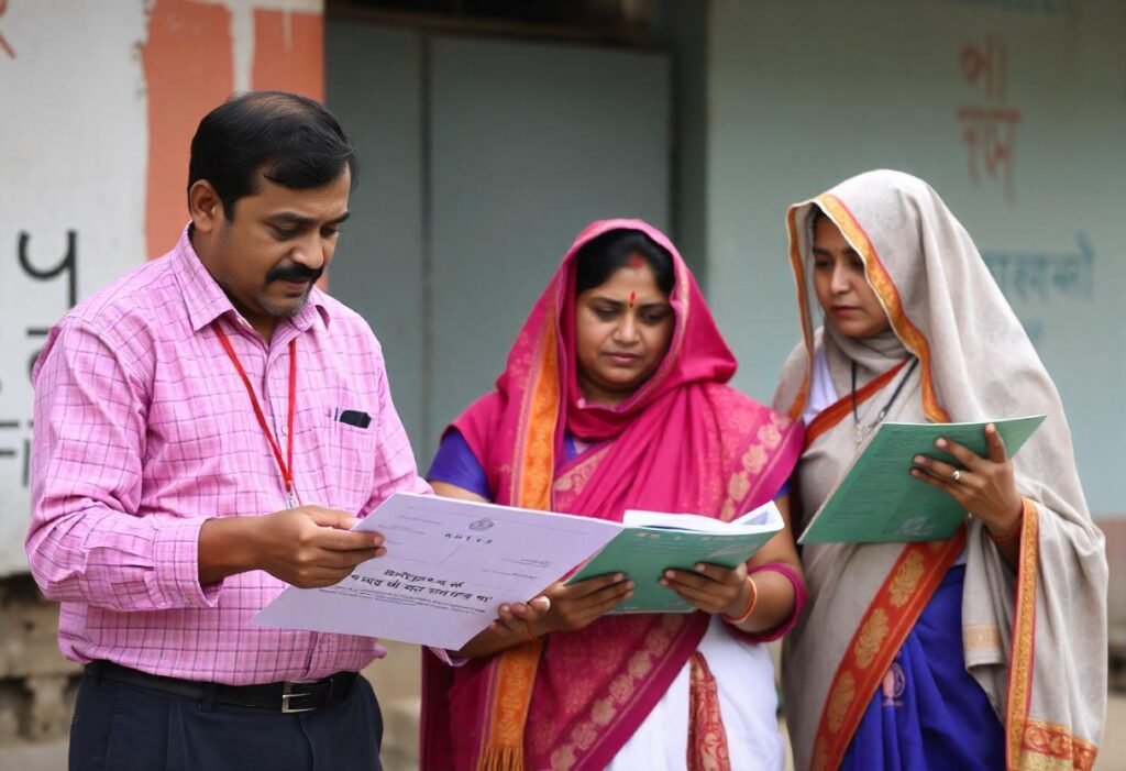 a men holding paper along with two women holding folders