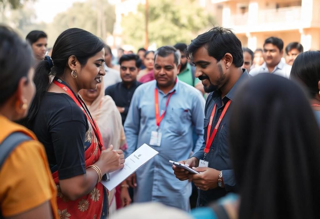 two social workers interacting between a crowd