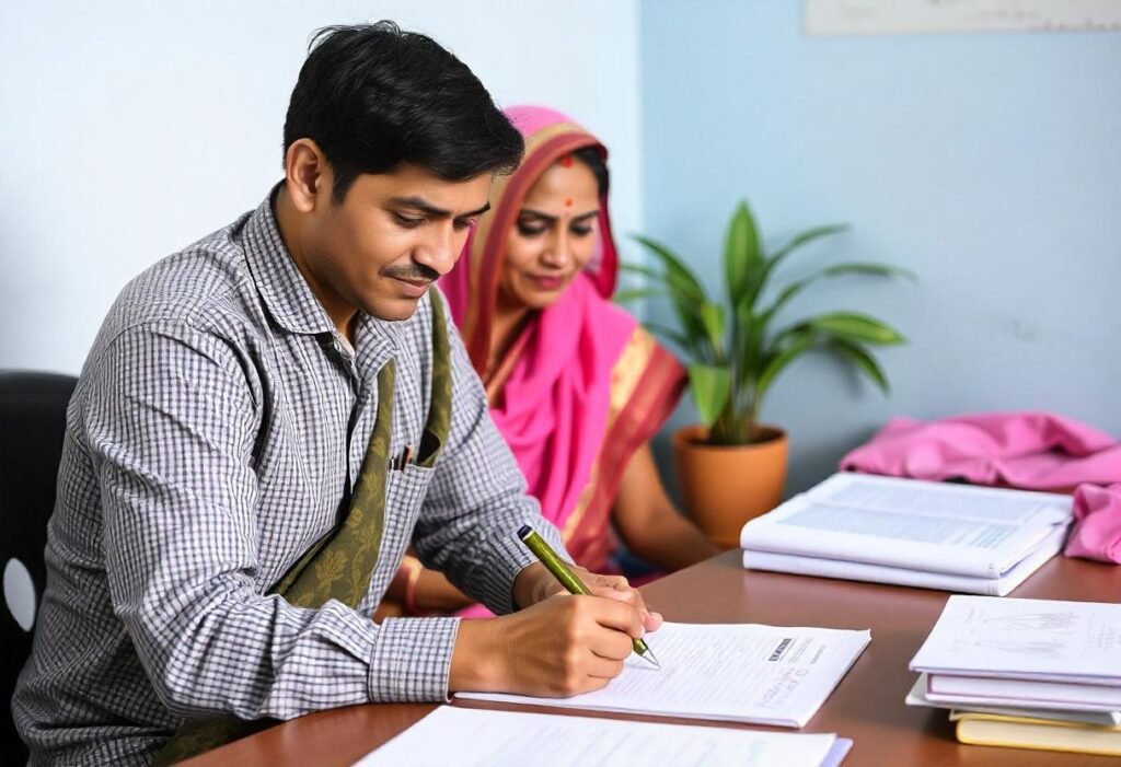 A men and a women writing on a paper 