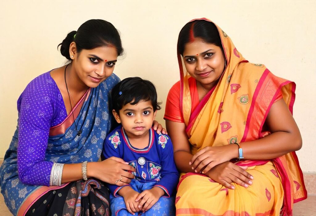 two women sitting with a girl
