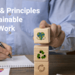 a man with wooden squares writing on paper signifying Values & Principles in Sustainable Social Work