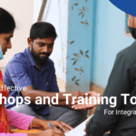 a group of people conducting workshops and measurement tools