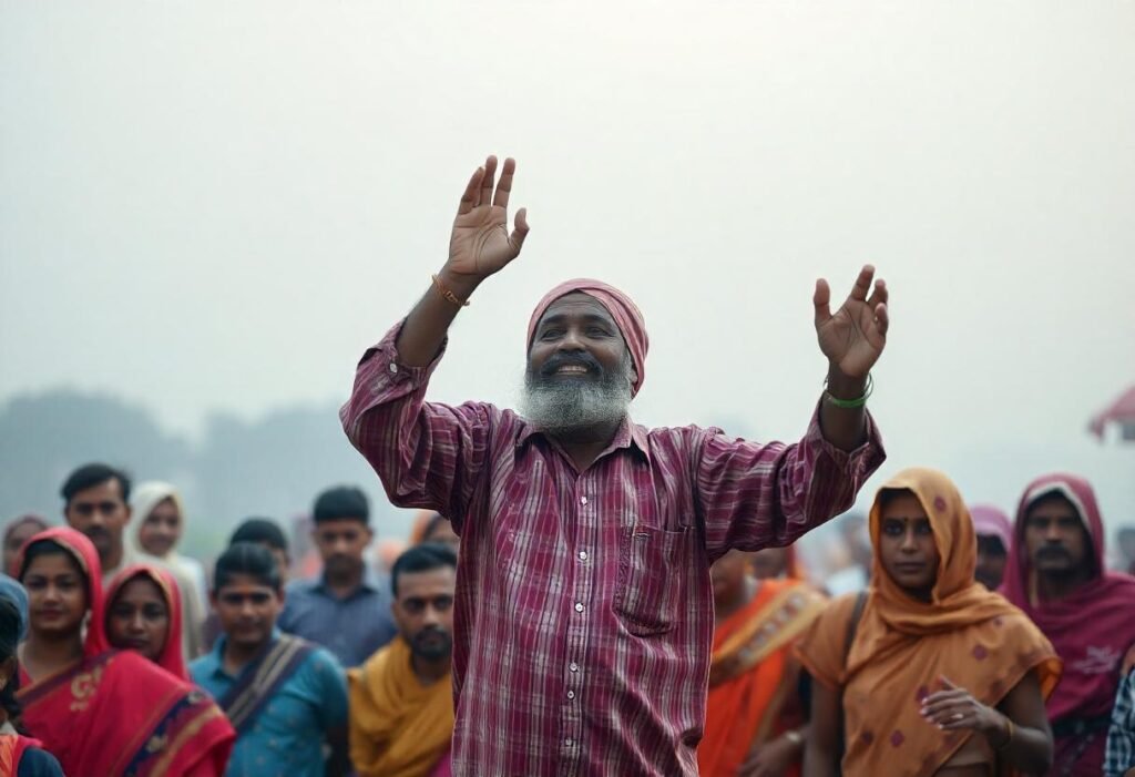 an old man raising his hands in public