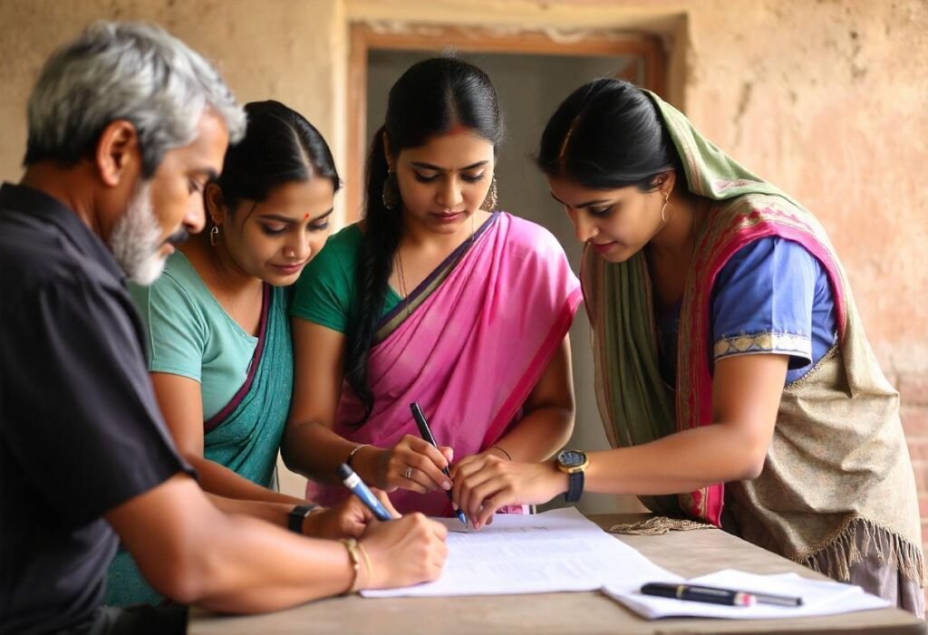 a group of social workers signing papers