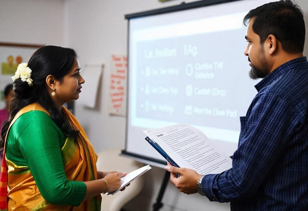 two person looking at the screen and conducting a meeting