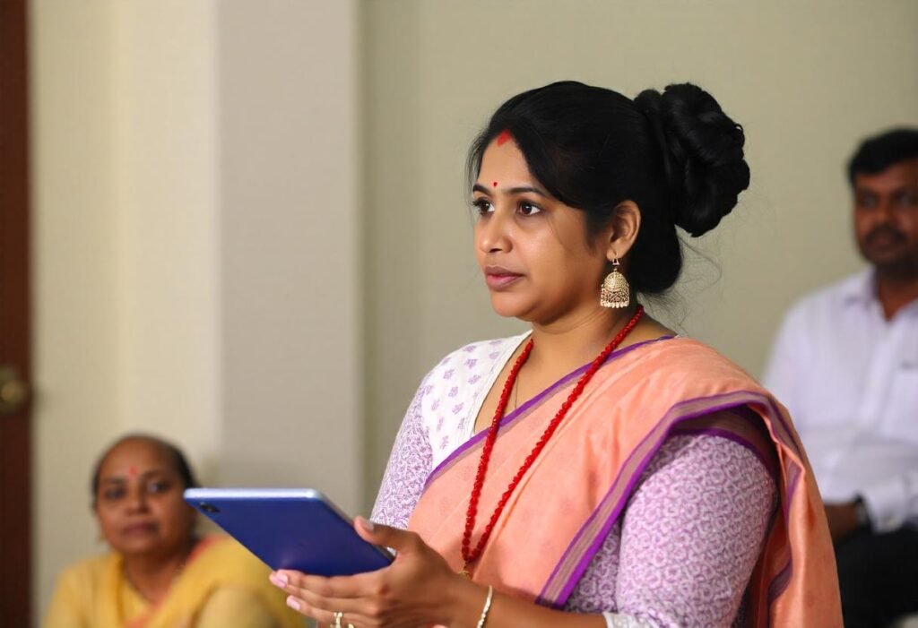 a women holding a tab in her hand for the presentation