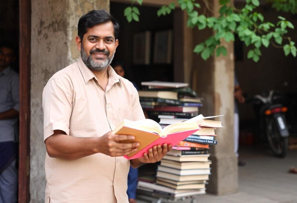 a person holding book along with a book stack