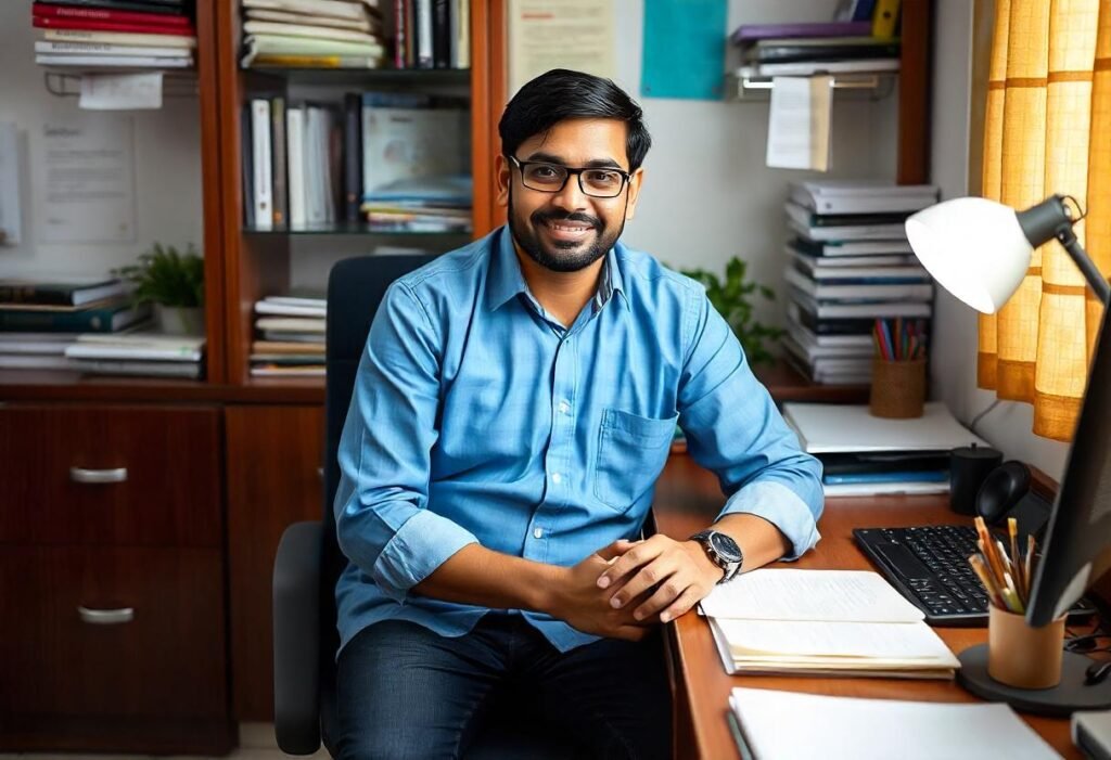 a social worker sitting in his office