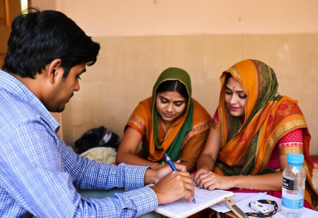 a social worker doing some documentation work with two women