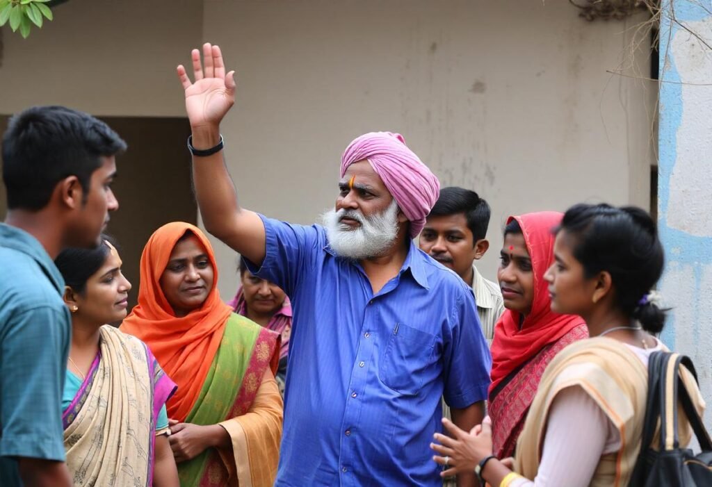 a social worker in a crowd raising his hand