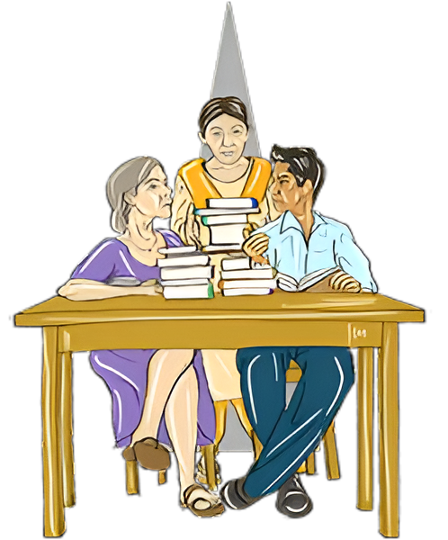 three people sitting at table with books