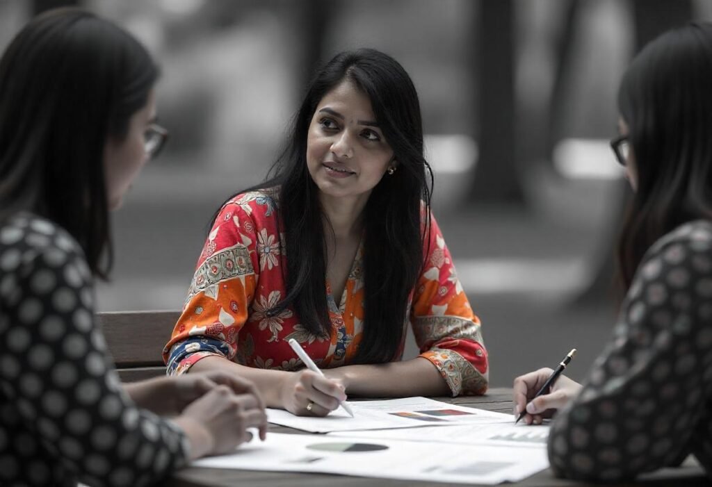 group of women talking around a table