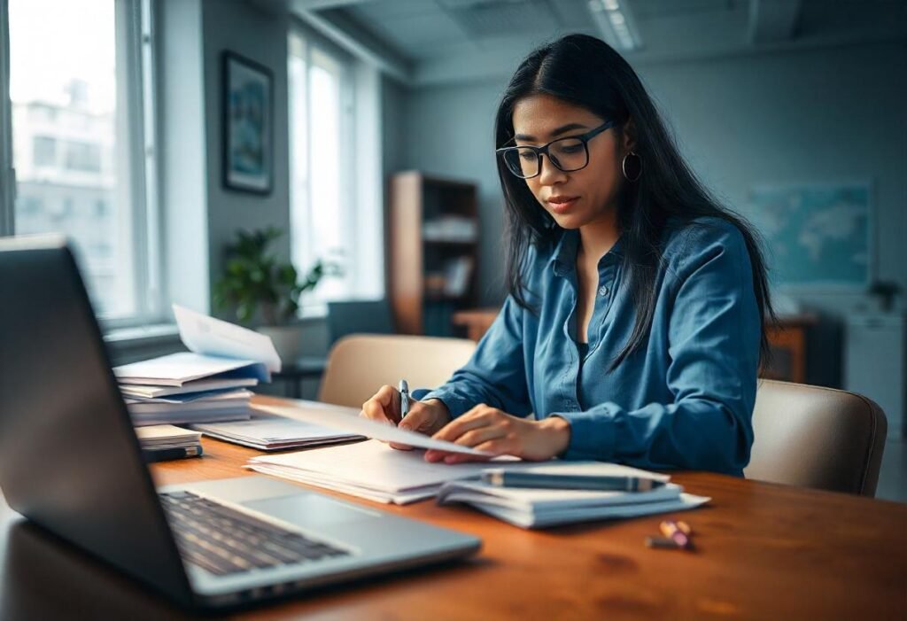 a women working on reports in her office