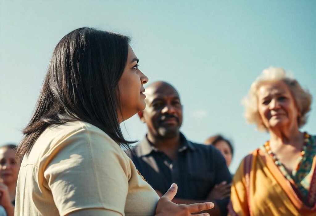 group of people interacting with a female social worler