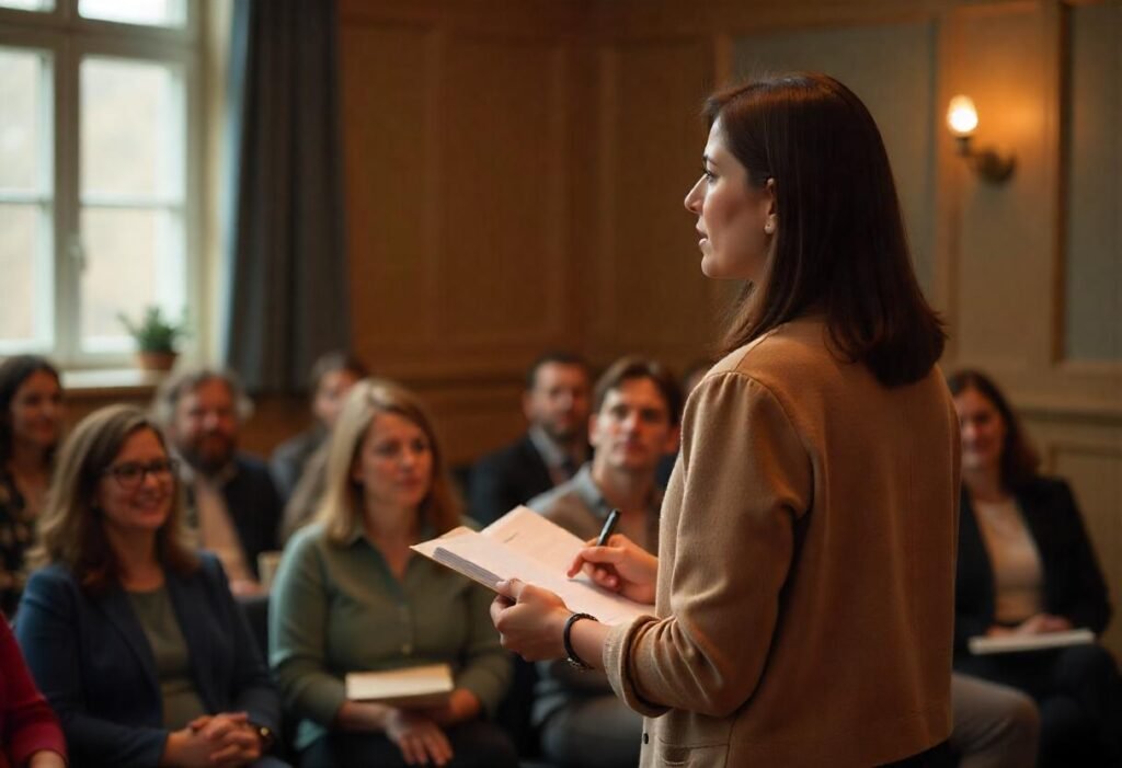 a women giving speech in an auditorium 