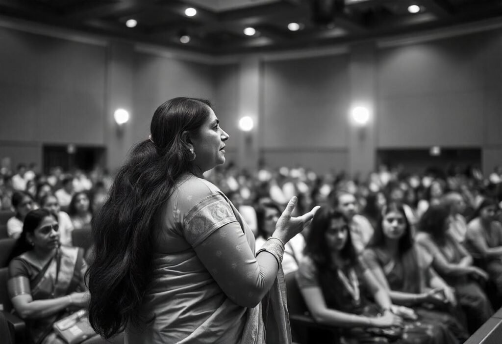 a women giving speech to people